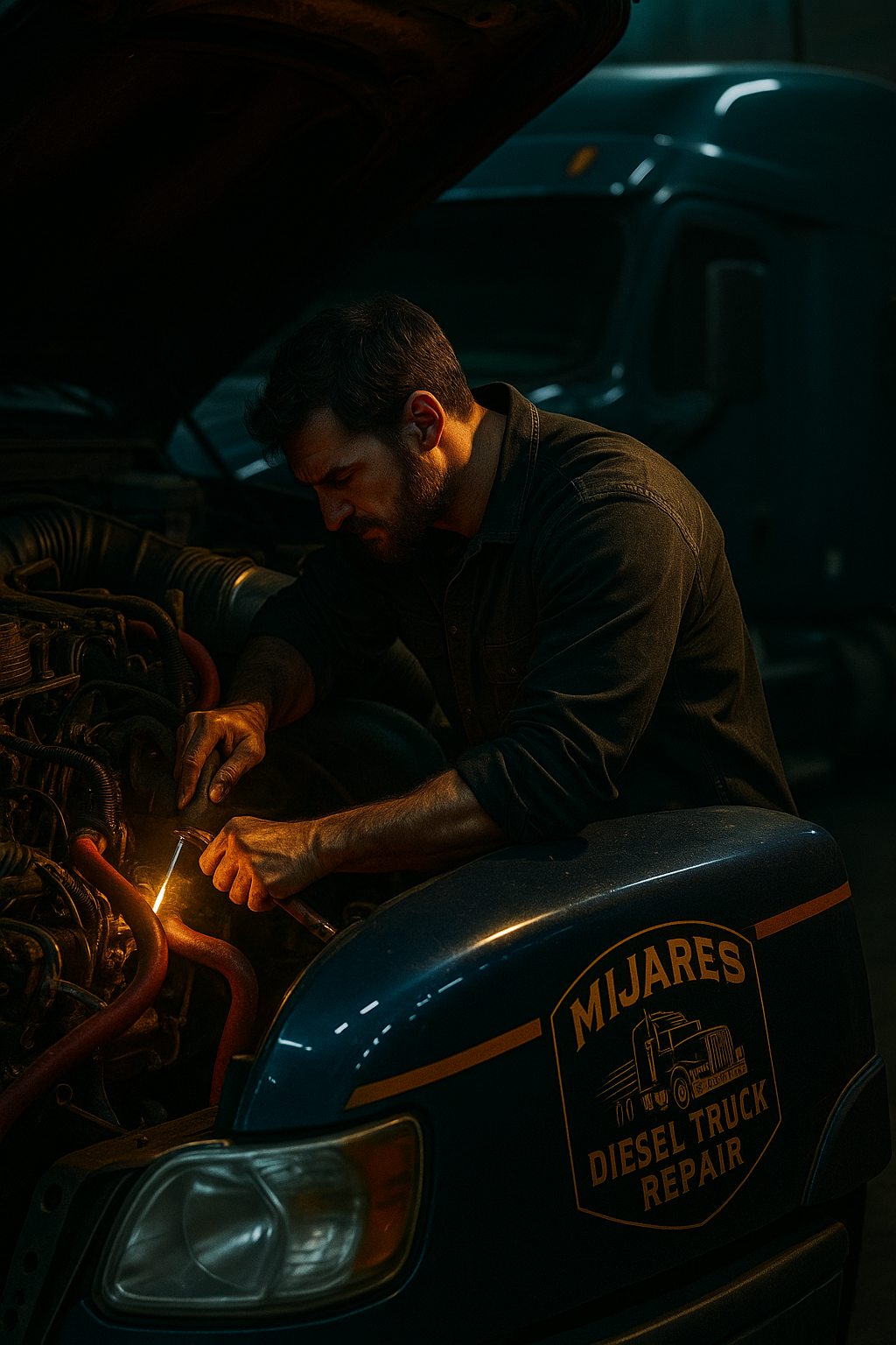 Mechanic repairing a diesel semi-truck engine