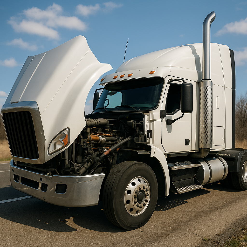 Semi-truck on the roadside with hood open